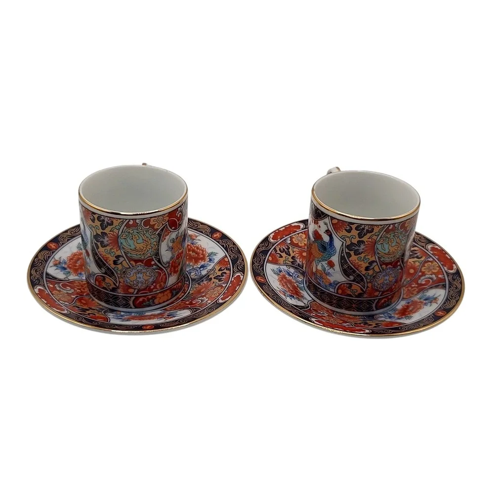 Vintage Japanese Imari Arita Demitasse‎ Cups Saucers Peacock Handmade Four Piece